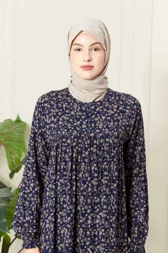 Büzgü Robadan Önü Düğmeli Viskon Kumaş Tessetür Giyim Anne Elbisesi Namaz Elbisesi - Lacivert 2026 - 5