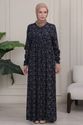 Büzgü Robadan Önü Düğmeli Viskon Kumaş Tessetür Giyim Anne Elbisesi Namaz Elbisesi - Lacivert 26 