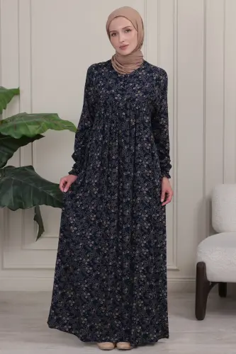 Büzgü Robadan Önü Düğmeli Viskon Kumaş Tessetür Giyim Anne Elbisesi Namaz Elbisesi - Lacivert 26 - 4