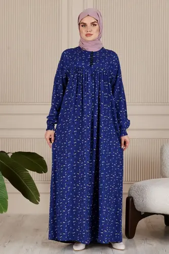 Büzgü Robadan Önü Düğmeli Viskon Kumaş Tessetür Giyim Anne Elbisesi Namaz Elbisesi-Lacivert3 - FISTAN (1)