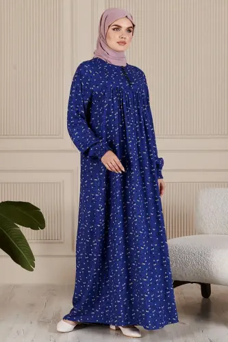 Büzgü Robadan Önü Düğmeli Viskon Kumaş Tessetür Giyim Anne Elbisesi Namaz Elbisesi-Lacivert3 
