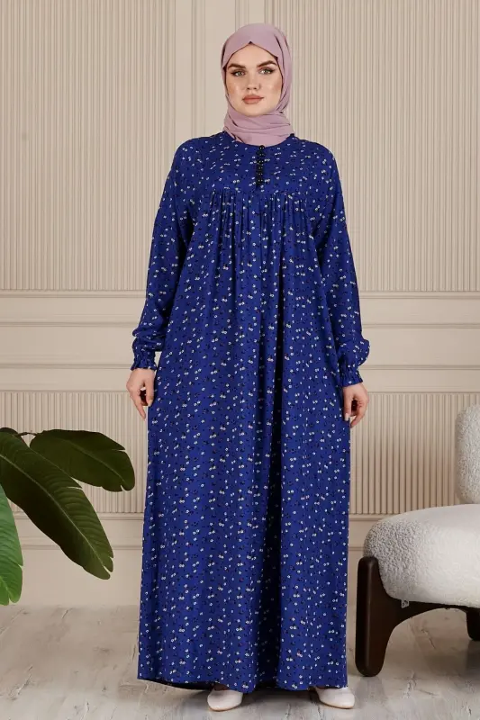 Büzgü Robadan Önü Düğmeli Viskon Kumaş Tessetür Giyim Anne Elbisesi Namaz Elbisesi-Lacivert3 - 2