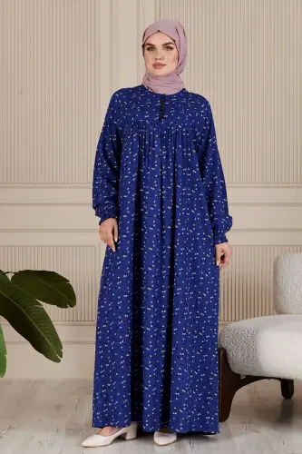 Büzgü Robadan Önü Düğmeli Viskon Kumaş Tessetür Giyim Anne Elbisesi Namaz Elbisesi-Lacivert3 - 3