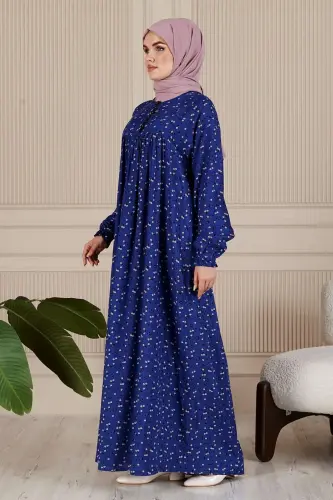 Büzgü Robadan Önü Düğmeli Viskon Kumaş Tessetür Giyim Anne Elbisesi Namaz Elbisesi-Lacivert3 - 4