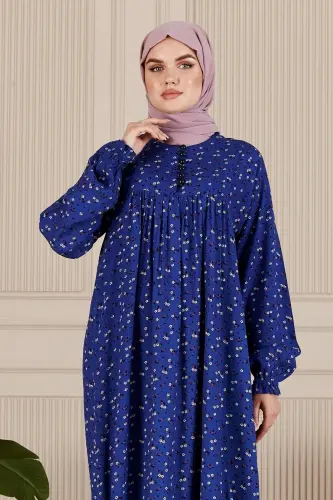 Büzgü Robadan Önü Düğmeli Viskon Kumaş Tessetür Giyim Anne Elbisesi Namaz Elbisesi-Lacivert3 - 5
