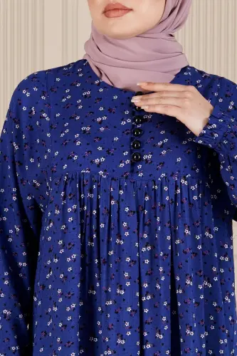 Büzgü Robadan Önü Düğmeli Viskon Kumaş Tessetür Giyim Anne Elbisesi Namaz Elbisesi-Lacivert3 - 6