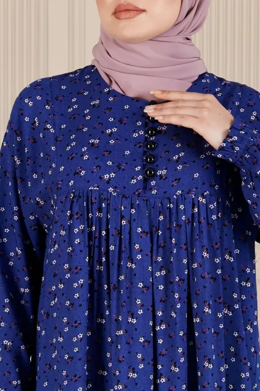 Büzgü Robadan Önü Düğmeli Viskon Kumaş Tessetür Giyim Anne Elbisesi Namaz Elbisesi-Lacivert3 - 6