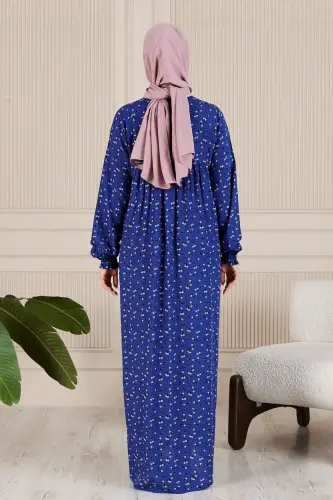 Büzgü Robadan Önü Düğmeli Viskon Kumaş Tessetür Giyim Anne Elbisesi Namaz Elbisesi-Lacivert3 - 7