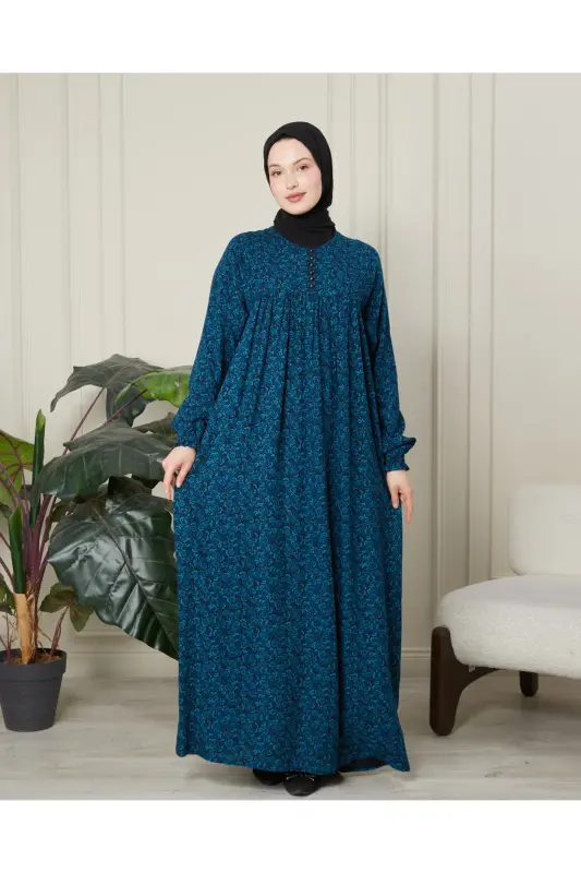 Büzgü Robadan Önü Düğmeli Viskon Kumaş Tessetür Giyim Anne Elbisesi Namaz Elbisesi - Mavi Kalın Şal Desen - FISTAN