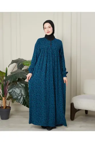 Büzgü Robadan Önü Düğmeli Viskon Kumaş Tessetür Giyim Anne Elbisesi Namaz Elbisesi - Mavi Kalın Şal Desen 