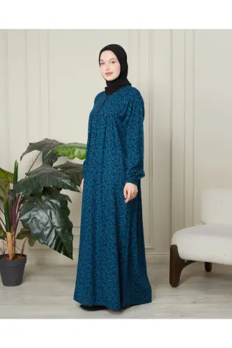 Büzgü Robadan Önü Düğmeli Viskon Kumaş Tessetür Giyim Anne Elbisesi Namaz Elbisesi - Mavi Kalın Şal Desen - 3