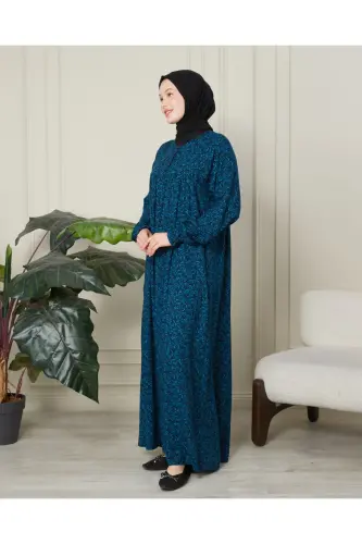 Büzgü Robadan Önü Düğmeli Viskon Kumaş Tessetür Giyim Anne Elbisesi Namaz Elbisesi - Mavi Kalın Şal Desen - 4