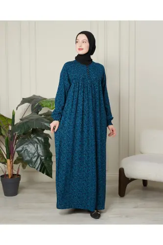Büzgü Robadan Önü Düğmeli Viskon Kumaş Tessetür Giyim Anne Elbisesi Namaz Elbisesi - Mavi Kalın Şal Desen - 5