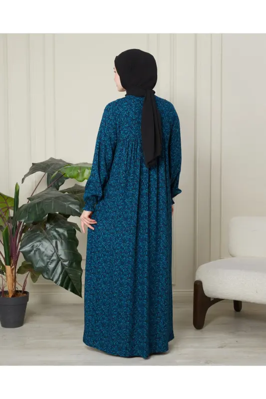 Büzgü Robadan Önü Düğmeli Viskon Kumaş Tessetür Giyim Anne Elbisesi Namaz Elbisesi - Mavi Kalın Şal Desen - 7