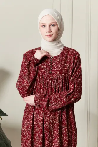 Büzgü Robadan Önü Düğmeli Viskon Kumaş Tessetür Giyim Anne Elbisesi Namaz Elbisesi-Şal Desen Kırmızı - 5