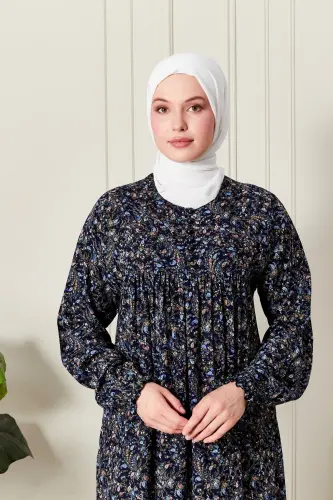 Büzgü Robadan Önü Düğmeli Viskon Kumaş Tessetür Giyim Anne Elbisesi Namaz Elbisesi-Şal Desen Lacivert - 5