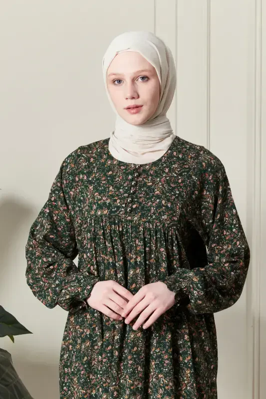 Büzgü Robadan Önü Düğmeli Viskon Kumaş Tessetür Giyim Anne Elbisesi Namaz Elbisesi-Şal Desen Yeşil - 5