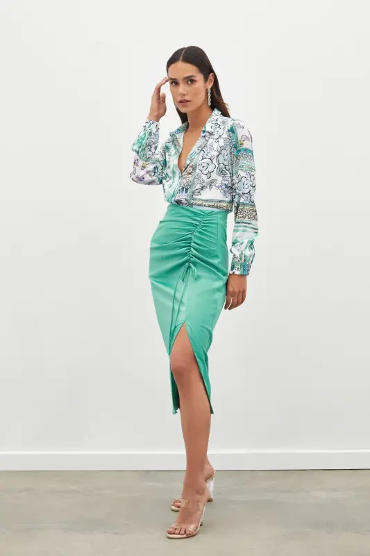 Büzguli detalli satin yubka - MİNT-MİNT - SATEEN