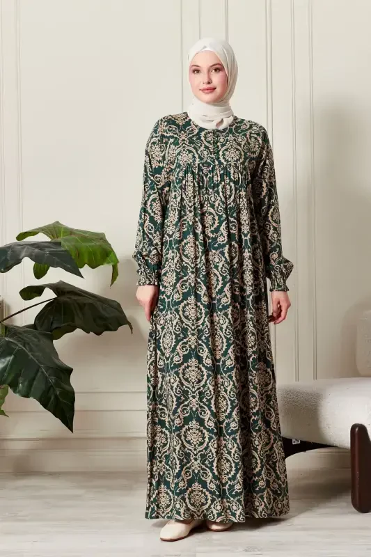 Büzguli robadan old tomoni tugmali viskon mato tessettür kiyimi ona libosi namoz libosi-etnik naqshli yashil 2 - FISTAN