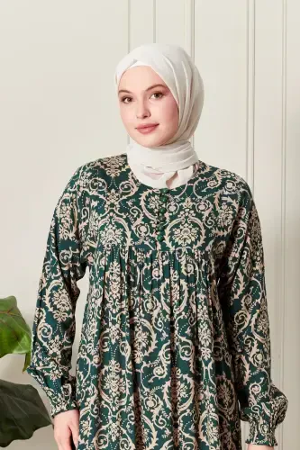 Büzguli robadan old tomoni tugmali viskon mato tessettür kiyimi ona libosi namoz libosi-etnik naqshli yashil 2 - 5