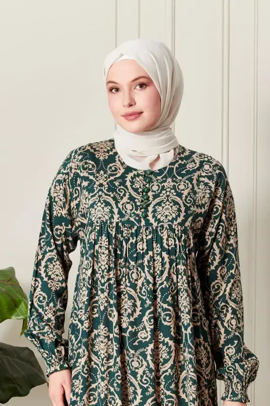 Büzguli robadan old tomoni tugmali viskon mato tessettür kiyimi ona libosi namoz libosi-etnik naqshli yashil 2 - 5