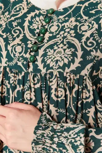 Büzguli robadan old tomoni tugmali viskon mato tessettür kiyimi ona libosi namoz libosi-etnik naqshli yashil 2 - 6