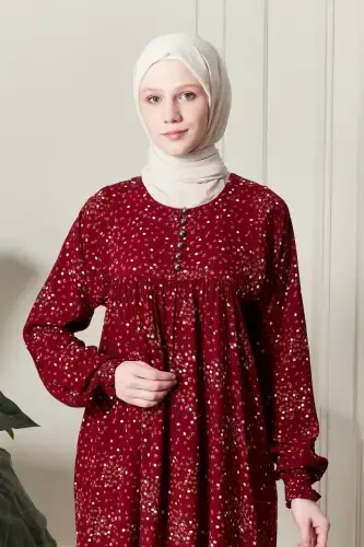 Büzguli Robadan Oldi Tugmali Viscon Mato To'siqli Kiyim Ona Libosi Namoz Libosi-Gul Naqshli Qizil - 5