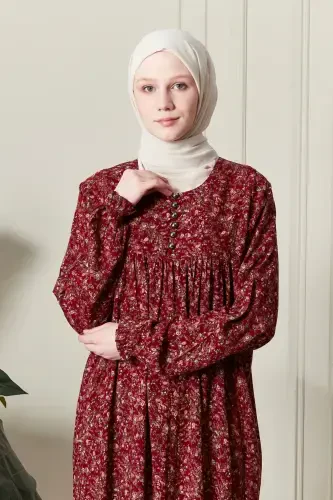 Büzguli robadan oldi tugmali viskon mato tessettür kiyim ona libosi namoz libosi-ro'mol naqshli qizil - 5