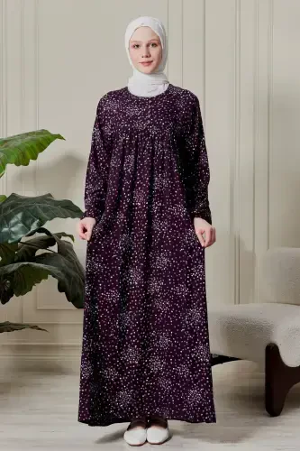 Büzguli Robadan Oldi Tugmali Viskoza Mato Tesettür Kiyim Ona Libosi Namoz Libosi-Gul Naqsh Binafsha - 1