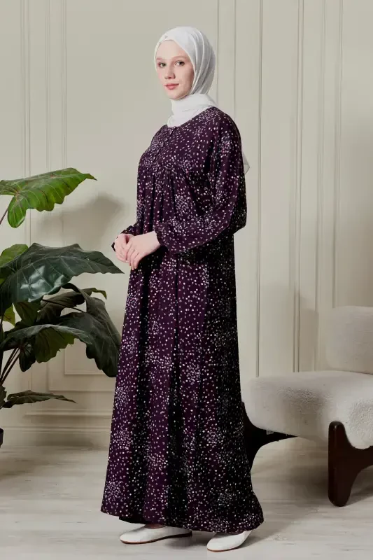 Büzguli Robadan Oldi Tugmali Viskoza Mato Tesettür Kiyim Ona Libosi Namoz Libosi-Gul Naqsh Binafsha - 3