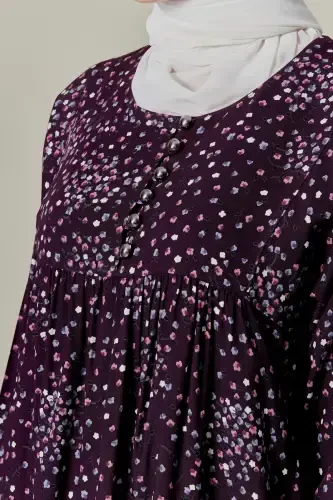 Büzguli Robadan Oldi Tugmali Viskoza Mato Tesettür Kiyim Ona Libosi Namoz Libosi-Gul Naqsh Binafsha - 5