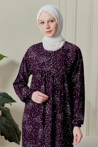 Büzguli Robadan Oldi Tugmali Viskoza Mato Tesettür Kiyim Ona Libosi Namoz Libosi-Gul Naqsh Binafsha - 6