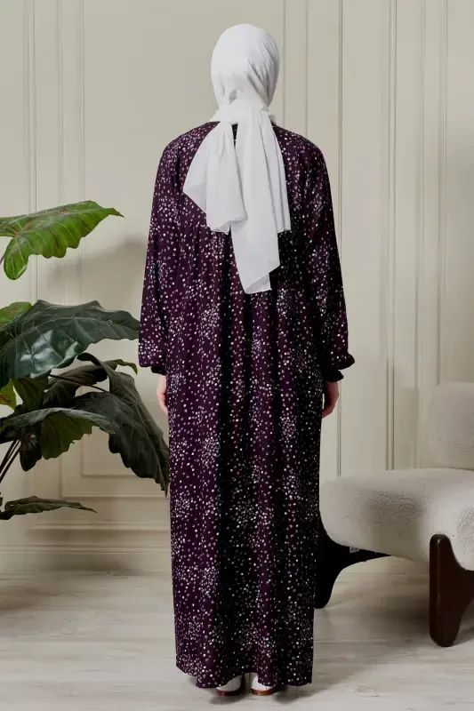 Büzguli Robadan Oldi Tugmali Viskoza Mato Tesettür Kiyim Ona Libosi Namoz Libosi-Gul Naqsh Binafsha - 7