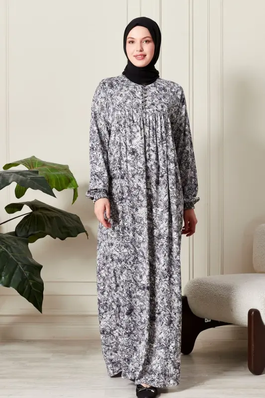 Büzguli Robadan Oldi Tugmali Viskoza Mato Tesettür Kiyim Ona Libosi Namoz Libosi-Tabiat Naqshli Kulrang - FISTAN