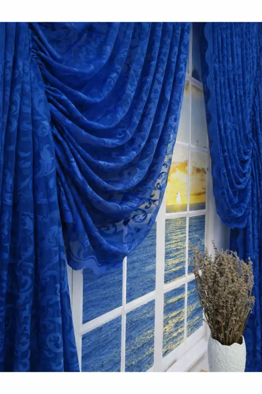 Büzgülü 2 Kanat Tül Fon Perde Koyu Mavi-Koyu Mavi - 3