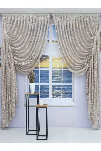 Büzgülü 2 Kanat Tül Fon Perde Vizon-Vizon - 1