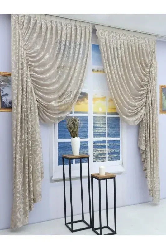 Büzgülü 2 Kanat Tül Fon Perde Vizon-Vizon - 3