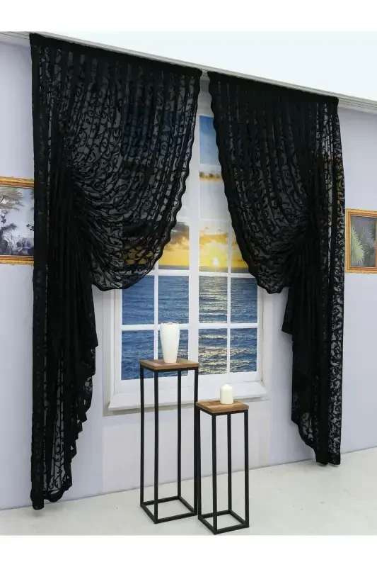 Büzgülü 2 Qanot Tül Fon Parda Qora-Qora - 3