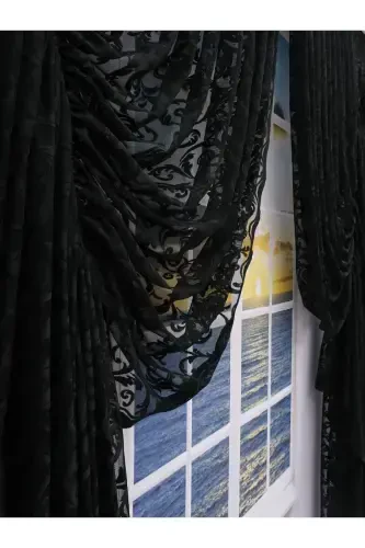 Büzgülü 2 Qanot Tül Fon Parda Qora-Qora - 4