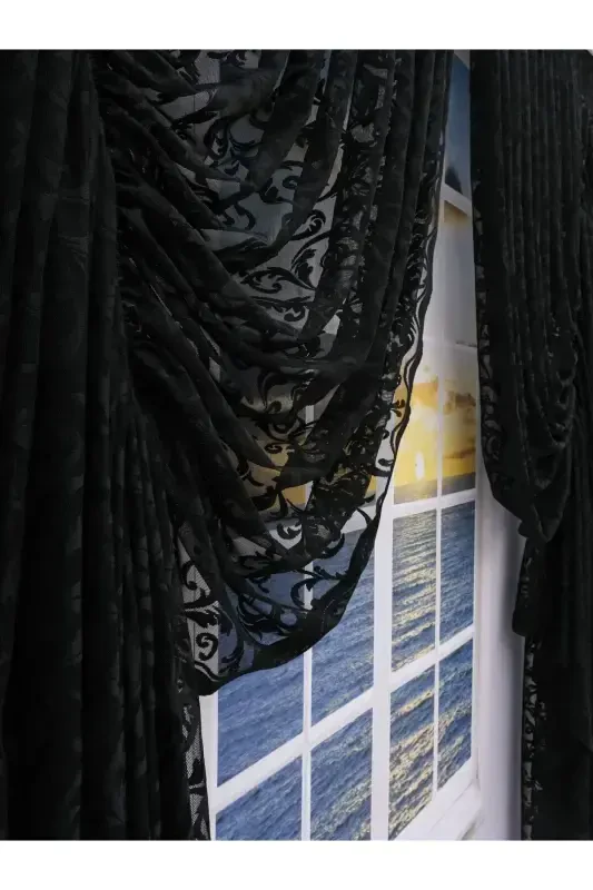 Büzgülü 2 Qanot Tül Fon Parda Qora-Qora - 4