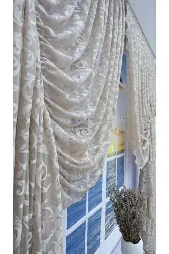 Büzgülü 2 Qanot Tül Fon Parda Vizon-Vizon - 4