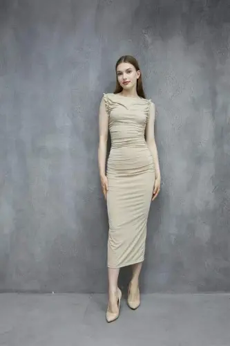Buzi Fabric Ruched Detail Pencil Dress - BEIGE - 1