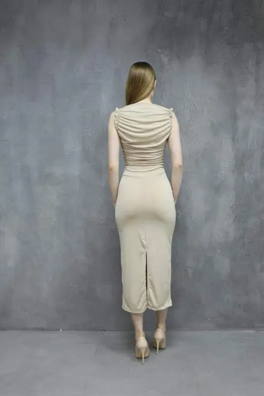 Buzi Fabric Ruched Detail Pencil Dress - BEIGE - 5