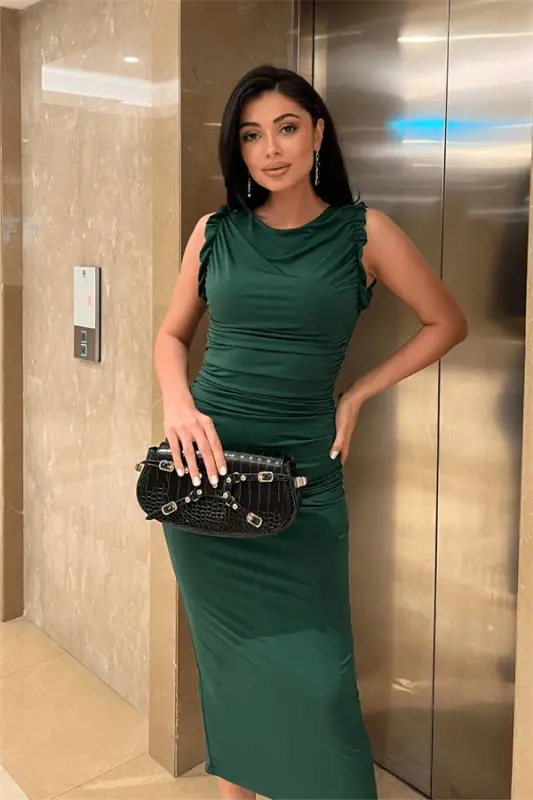 Buzi Fabric Ruched Detail Pencil Dress - EMERALD GREEN - 3