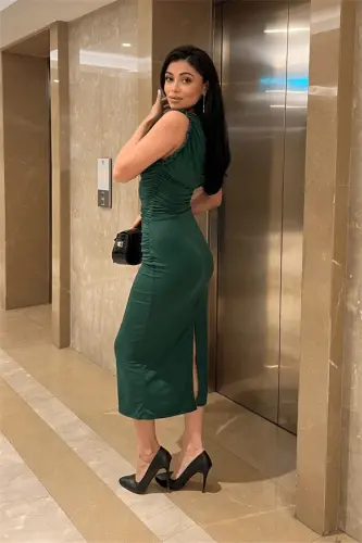 Buzi Fabric Ruched Detail Pencil Dress - EMERALD GREEN - 5