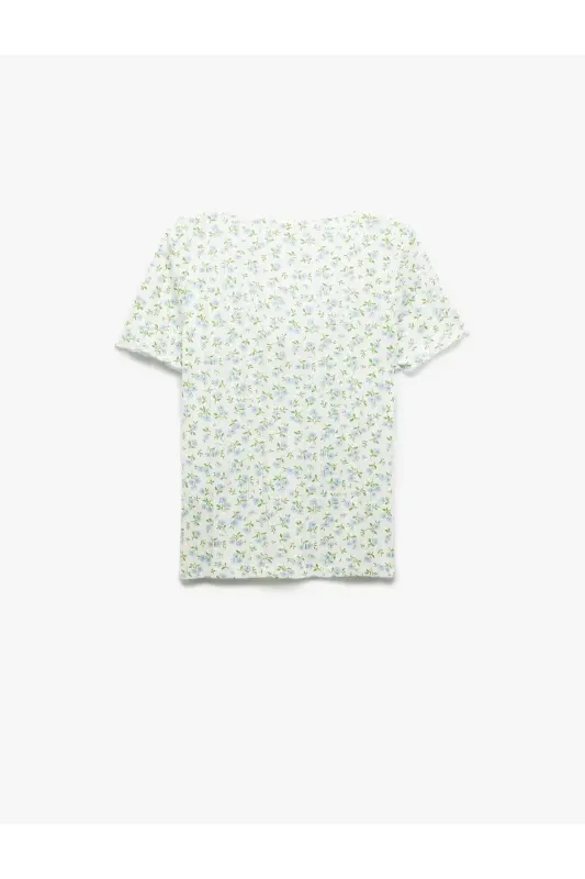 Büzmali detalli kvadrat yoqali slim fit paxtali gulli T - 4