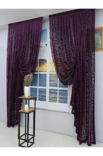 Büzmeli 2 Qanotli Tül Fon Parda Murdum-Murdum - 3