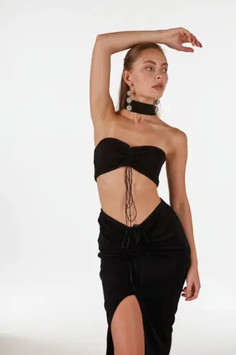 Buzzy Kumaş Yırtmaçlı Maxi Hestia Etek Siyah - 3