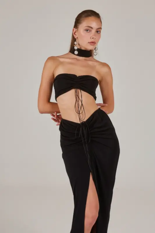 Buzzy Kumaş Yırtmaçlı Maxi Hestia Etek Siyah - 4