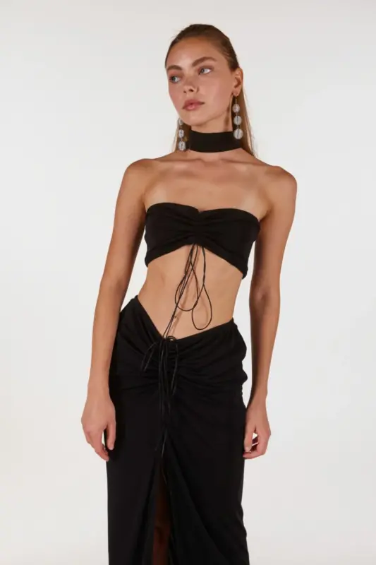 Buzzy Kumaş Yırtmaçlı Maxi Hestia Etek Siyah - 5